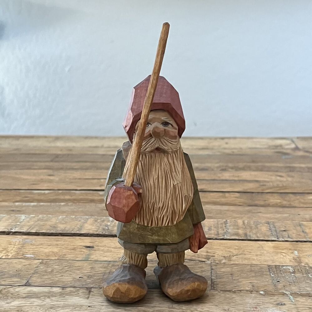 Vintage 1992 Hand Carved Gnome Man with Large Beard Green Coat 7" Tall